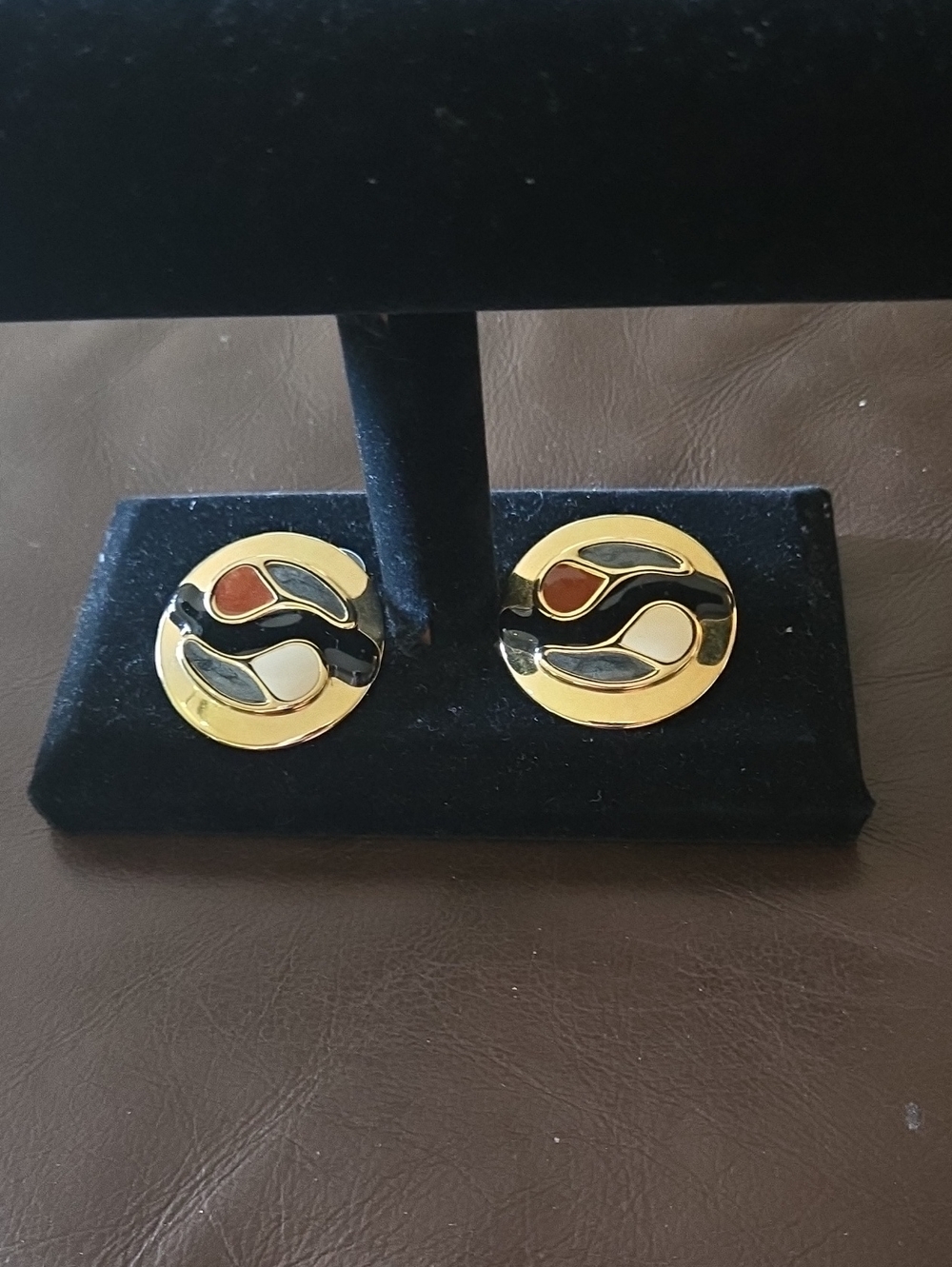 Gold-Tone Round Enamel Clip-On Earrings with Black, White & Coral Accents